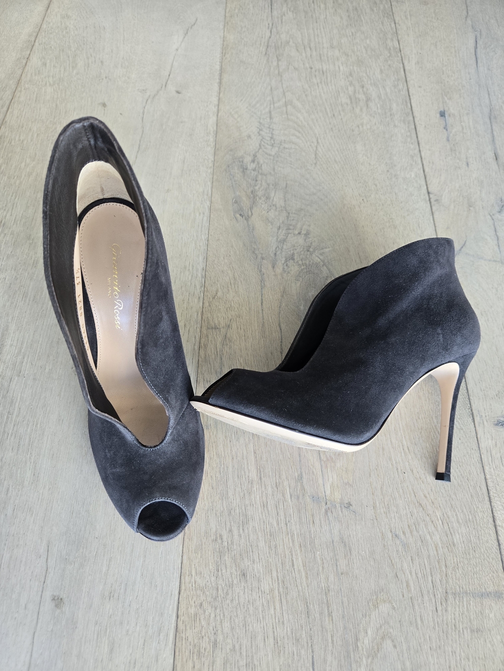 Gianvito Rossi Dark Gray Suede Peep-Toe Stiletto Booties